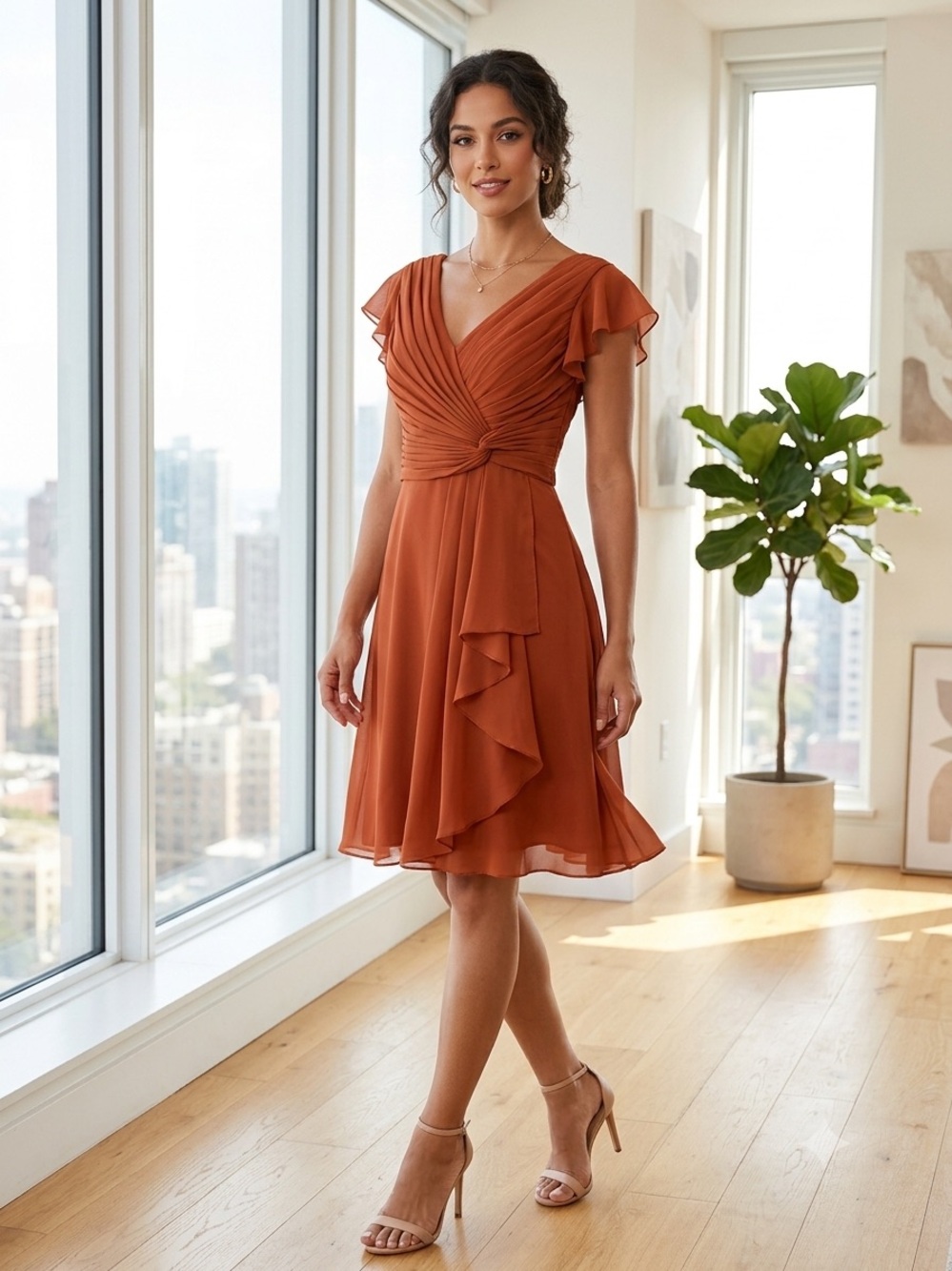 Inewer Rust Orange‎ V-Neck Ruffle Dress